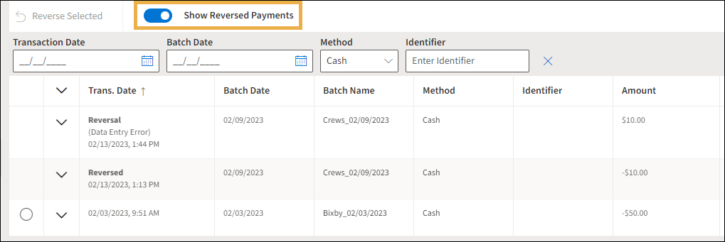 Payment History page showing reversal items and payment items and a yellow highlight box around the Show Reversed Payments toggle.